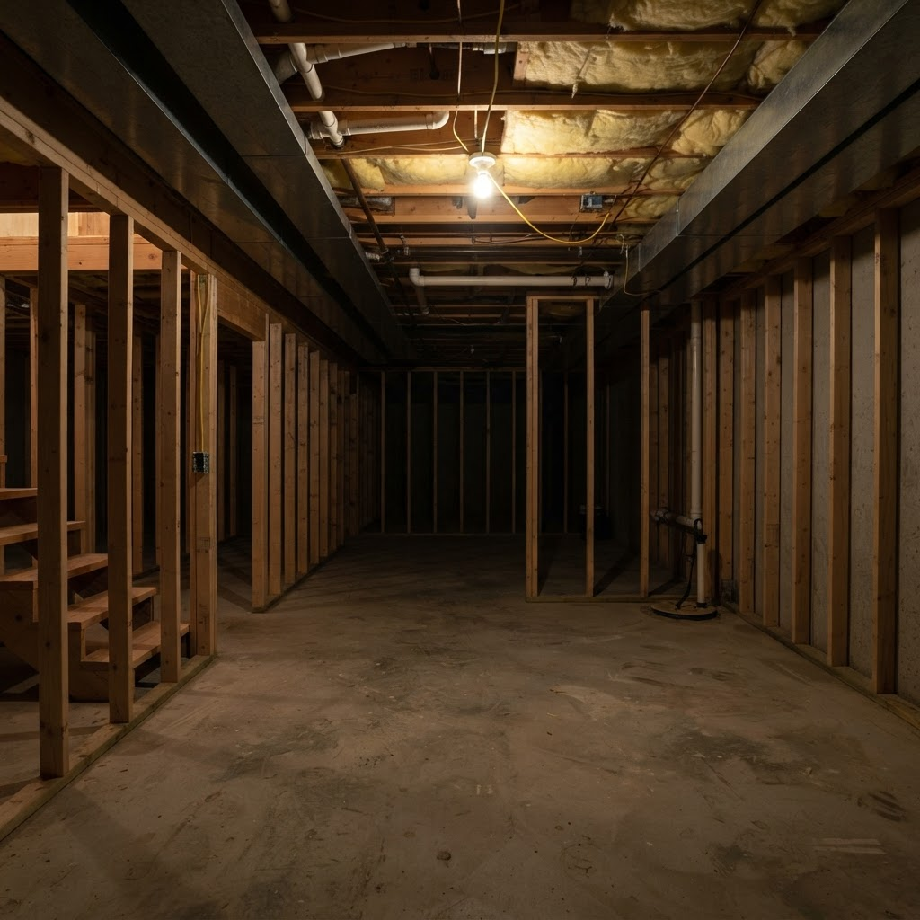 Unfinished basement with bare framing before development