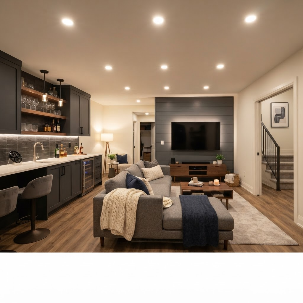 Finished basement living space with recessed lighting and a wet bar in an Altadore, Calgary home