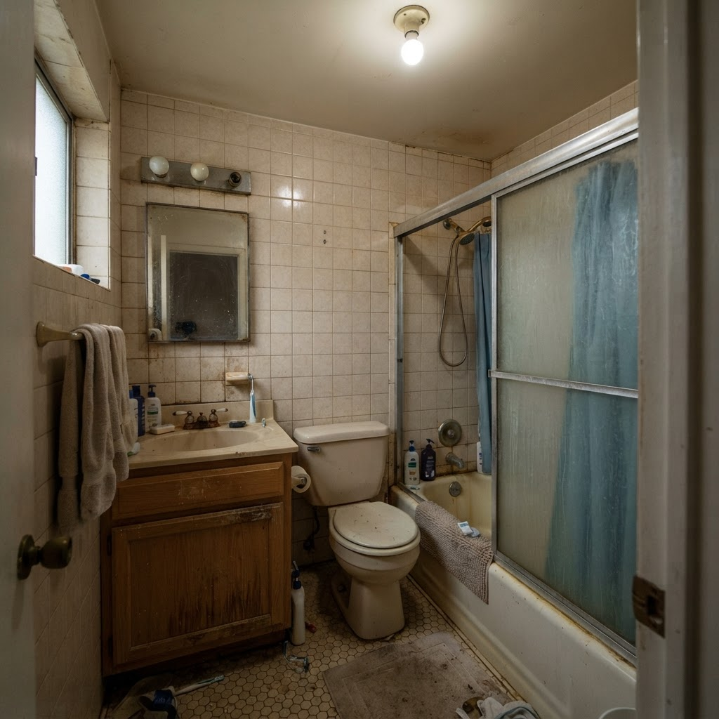 Dated beige bathroom before renovation