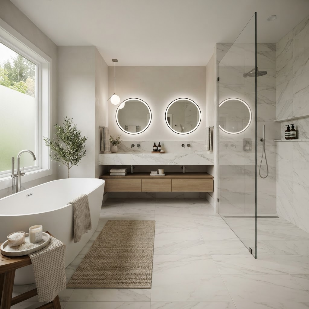 Modern spa bathroom with a freestanding tub and tiled walk-in shower in a Mahogany, Calgary home