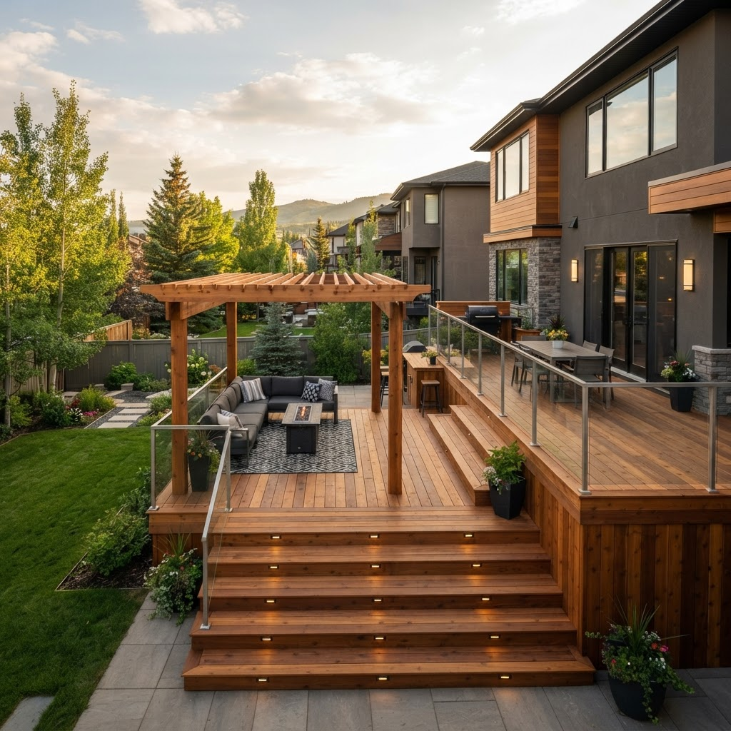 Multi-level cedar deck with a pergola and glass railing behind a home in Inglewood, Calgary