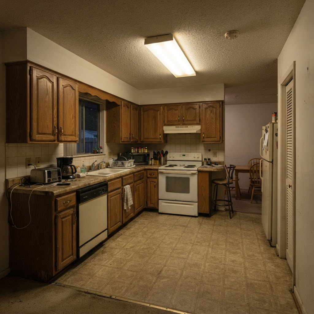 Dated oak kitchen before renovation in Bridgeland, Calgary