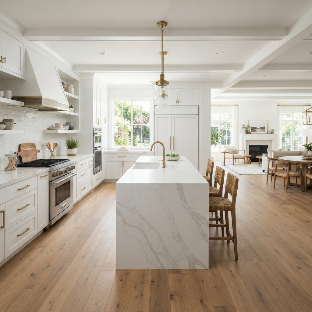 Renovated open-concept kitchen with white cabinetry and a large island in a Bridgeland, Calgary home