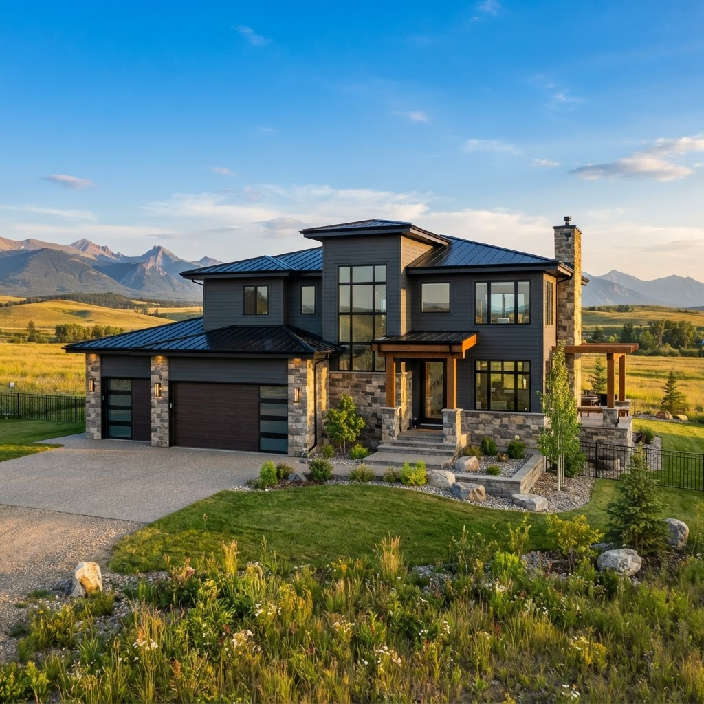 Newly built modern custom home with stone and dark siding near Cochrane