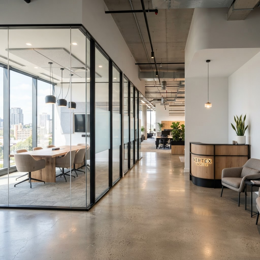 Modern commercial office fit-out with glass-partition meeting rooms in the Beltline, Calgary